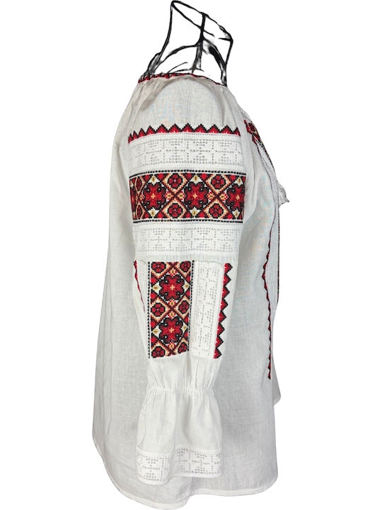 Women's Cotton Long Sleeve Blouse White Orange