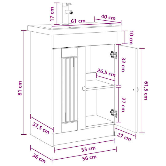 vidaXL Πάγκος με Νιπτήρα Μ56xΒ37.5xΥ81cm Λευκό