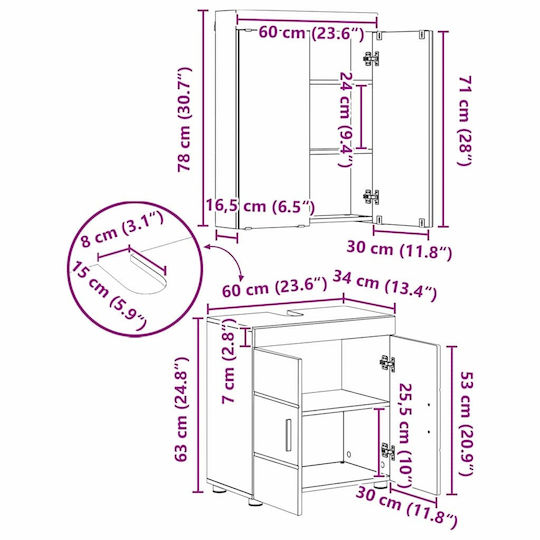 vidaXL Πάγκος με Νιπτήρα & Καθρέπτη Μ60xΒ34xΥ63cm Γκρι