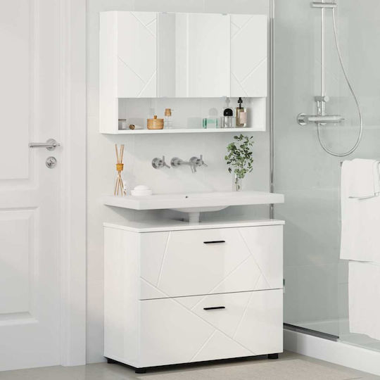 vidaXL Blat cu Lavoar, Oglindă & Coloană cu lumină L76.5xW35xH64cm Glossy White