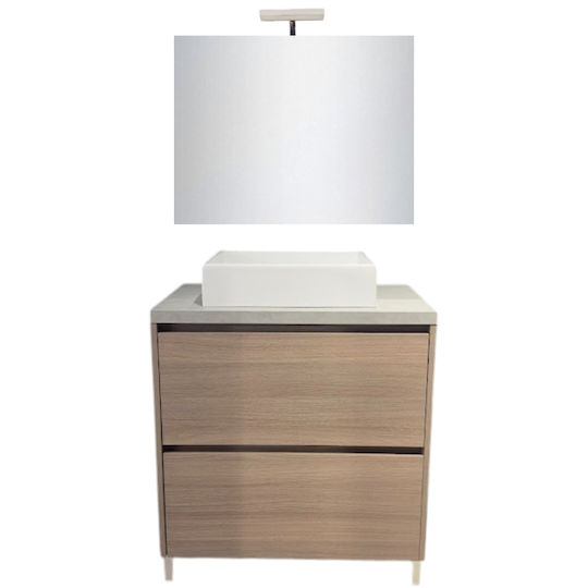 Savinidue Waschtisch mit Waschbecken & Spiegel mit Licht Melamin Natural