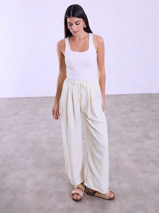 Celestino Women's Pantaloons Striped Loose Fit Light Beige