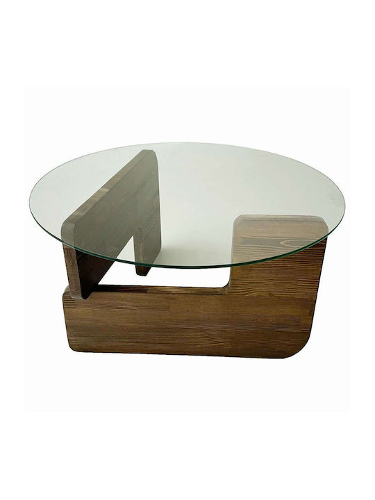 Round Central Glass Coffee Table Walnut-Clear W75xL75xH35cm