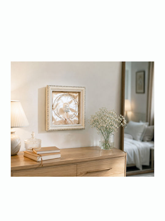 Wall-Mounted Square Wedding Crown Case / Photo Frame Wooden Ecru 28x28cm