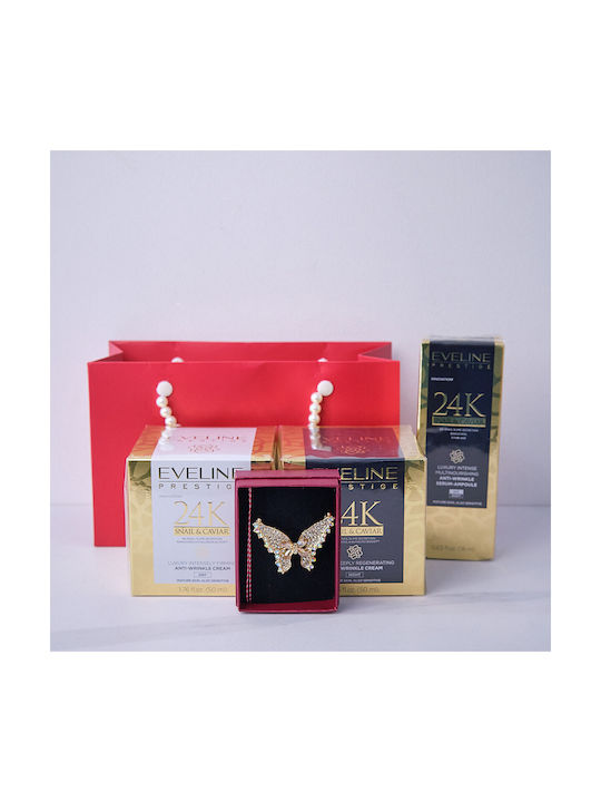 Set Cadou Tenderness Brosa Martisor Fluture Cremă De Zi Anti-îmbătrânire Cu Caviar De Melc 50 Ml Ser Facial Cu Caviar De Melc Eveline Prestige În Husă Elegantă Stil Geantă Roșu Aurie