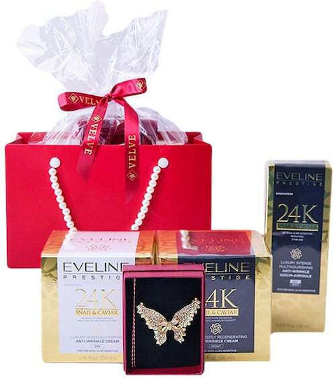 Tenderness Gift Set Butterfly Martisor Brooch Eveline Prestige Snail Caviar Anti-aging Day Cream 50 Ml Eveline Prestige Snail Caviar Face Serum In Elegant Handbag-style Pouch Red Gold
