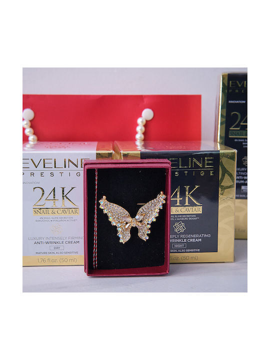 Set Cadou Tenderness Brosa Martisor Fluture Cremă De Zi Anti-îmbătrânire Cu Caviar De Melc 50 Ml Ser Facial Cu Caviar De Melc Eveline Prestige În Husă Elegantă Stil Geantă Roșu Aurie