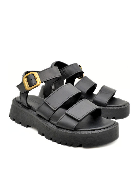 Δερμάτινα Γυναικεία Σανδάλια Flatforms Μαύρα