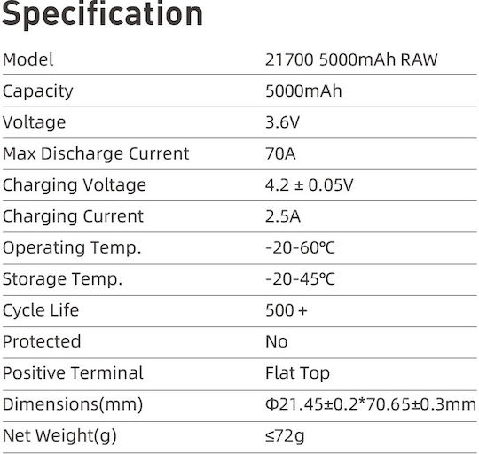 XTAR Rechargeable Battery 21700 Li-ion 5000mAh 3.6V