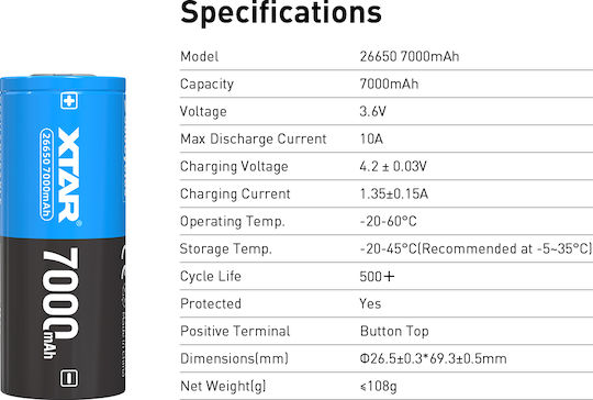 XTAR Επαναφορτιζόμενη Μπαταρία 26650 Li-ion 7000mAh 3.6V