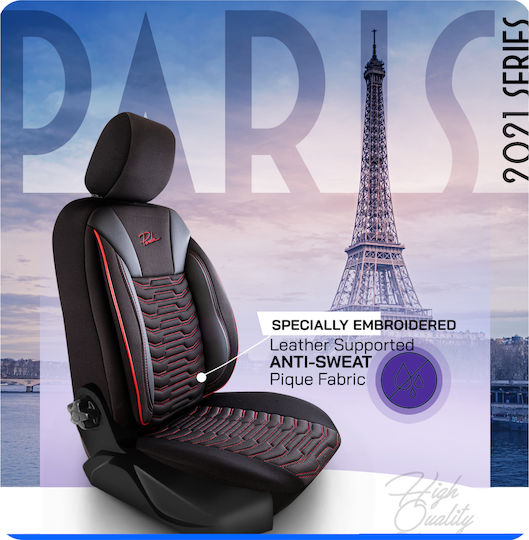 Комплект Калъфи За Автомобилни Седалки Universal Panda Paris Плат Предни Задни Черен Сив Червена Лента