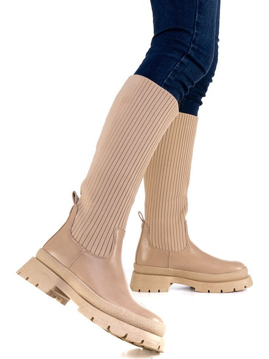 Leather Women's Boots Beige