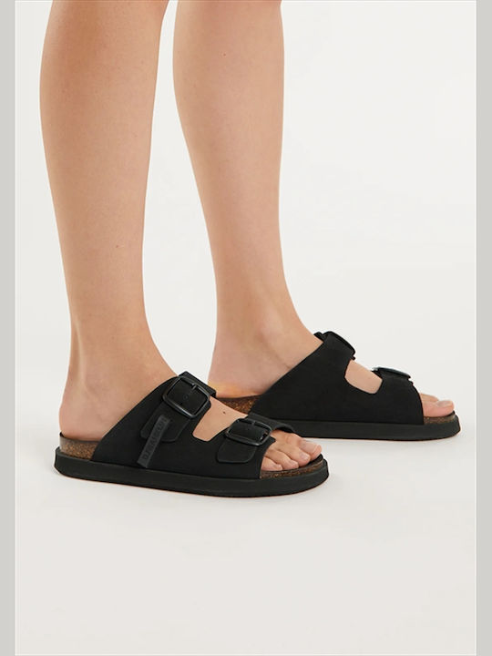 Double Buckle Strap Γυναικεία Σανδάλια Flatforms Μαύρα