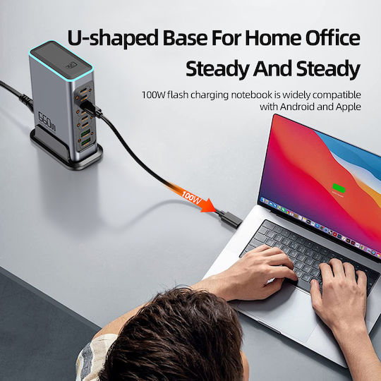 Powertech GaN Charging Station with 2 USB-A Ports and 6 USB-C Ports 140W Power Delivery / Quick Charge 3.0 in Grey (PT-1621)