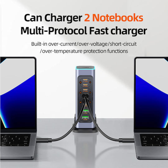 Powertech GaN Charging Station with 2 USB-A Ports and 6 USB-C Ports 140W Power Delivery / Quick Charge 3.0 in Grey (PT-1621)