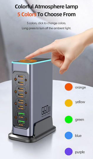 Powertech GaN Charging Station with 2 USB-A Ports and 6 USB-C Ports 140W Power Delivery / Quick Charge 3.0 in Grey (PT-1621)