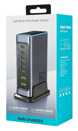 Powertech GaN Charging Station with 2 USB-A Ports and 6 USB-C Ports 140W Power Delivery / Quick Charge 3.0 in Grey (PT-1621)
