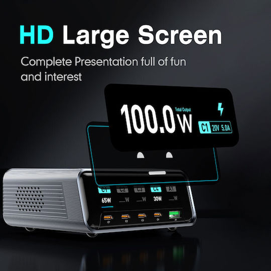 Powertech Βάση Φόρτισης GaN με Θύρα USB-A και 4 Θύρες USB-C 100W Power Delivery / Quick Charge 4.0 σε Γκρι χρώμα (PT-1622)