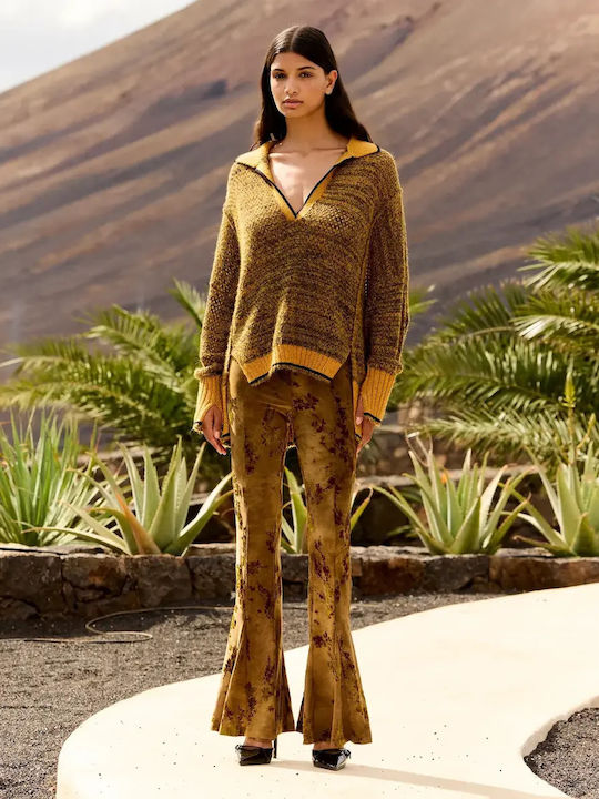 Damen Samt Hose in Breit Bein Stil Khaki