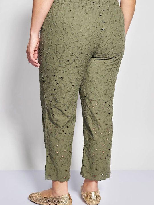 Set Damă Kaki cu Pantaloni cu Elastic Croială Dreaptă Floral