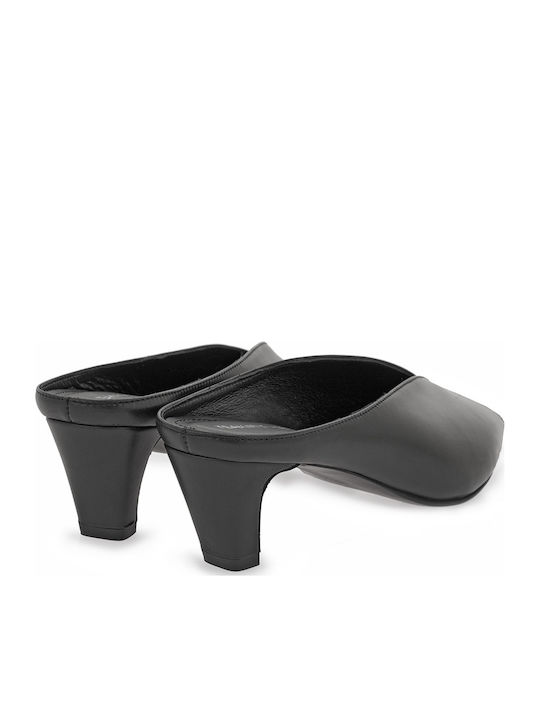 Leather Mules with Low Heel in Black Colour