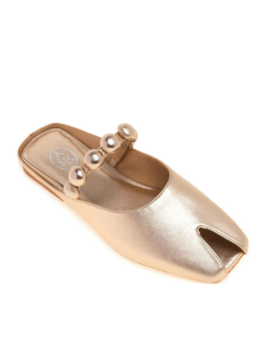 Blanche04 Δερμάτινα Mules με Τακούνι σε Χρυσό Χρώμα