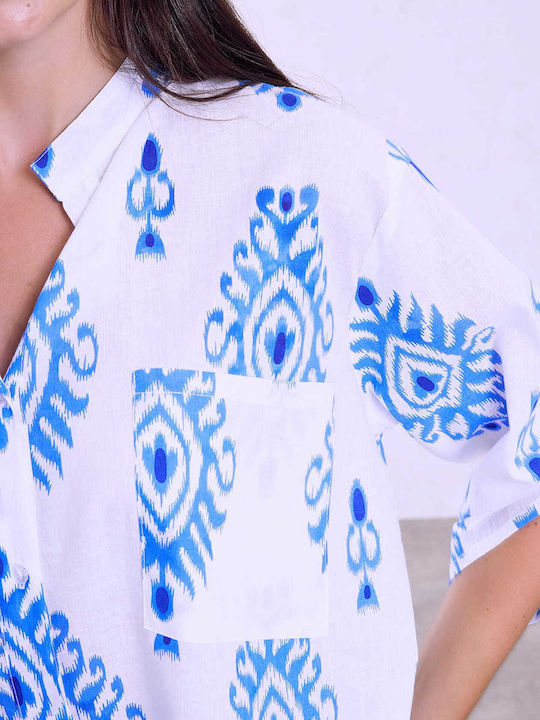 Celestino Women's Caftan Shirt Asymmetric Pockets Loose Fit Blue
