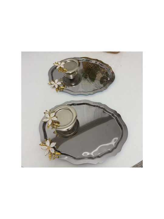 Stewehome Set 2 Oval Trays Decorative Lily 2 Silver Food Jars Loukoumia Lily Stainless Steel 25x20 Cm