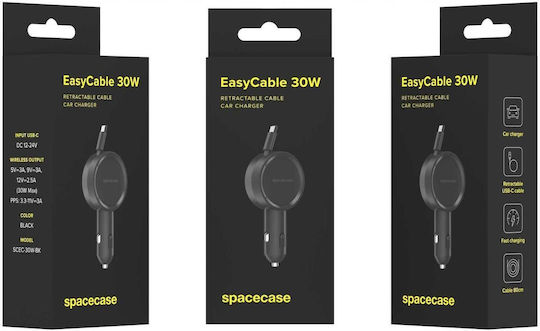Spacecase Auto-Ladegerät Easycable Eingebautes Zusammenklappbares Kabel Type-C 30W Schwarz