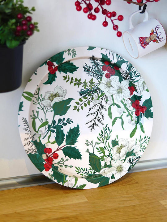 Stewehome Round Metallic Tray Christmas New Year Design Green Belirtilmemis