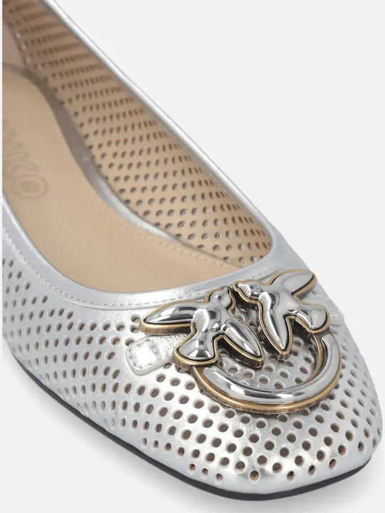 Leather Women's Ballerina Shoes in Silver Colour