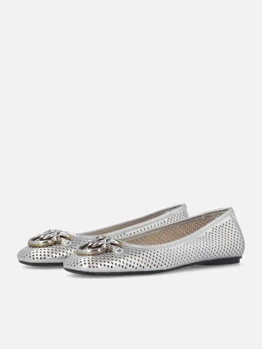 Leather Women's Ballerina Shoes in Silver Colour