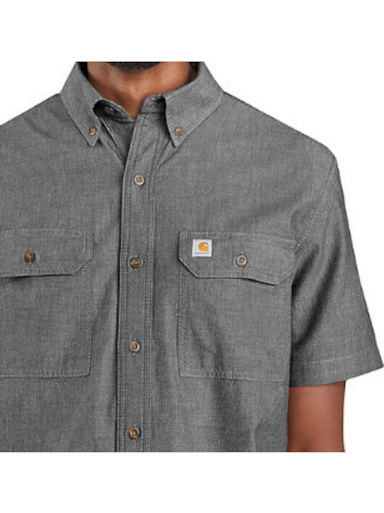 Къс Ръкав Памучна Риза Широка Кройка Light Black Chambray