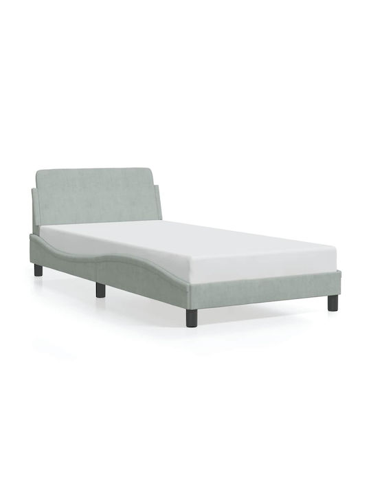 Pat Single Tapitat Cu Catifea Gri Cu Plăci Potrivit Pentru Saltea 100x190cm