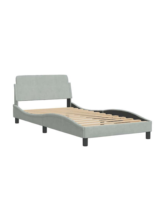 Pat Single Tapitat Cu Catifea Gri Cu Plăci Potrivit Pentru Saltea 100x190cm