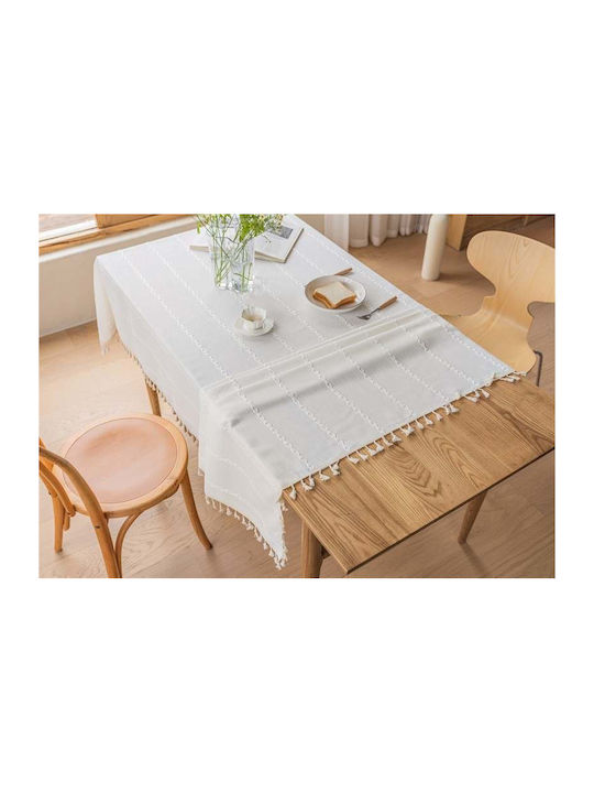 FRIPIA Leinen Tischtuch mit Stickerei Weiß 140x250cm