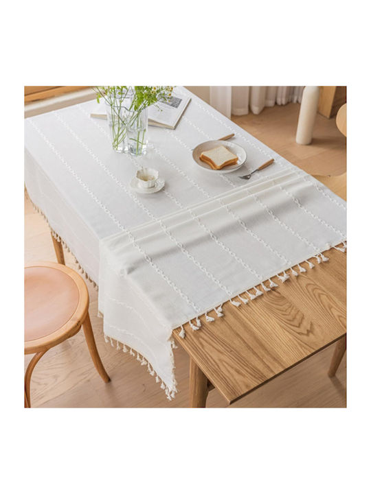FRIPIA Leinen Tischtuch mit Stickerei Weiß 140x250cm