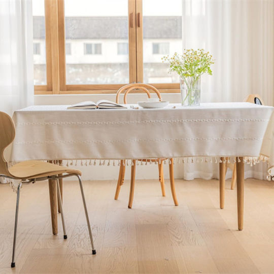 FRIPIA Leinen Tischdecke mit Stickerei Weiß 140x300cm