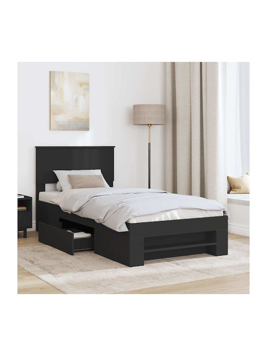 Pat Single Din Lemn Negru Cu Plăci Potrivit Pentru Saltea 90x200cm