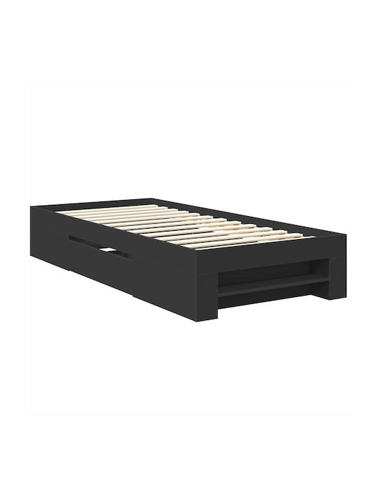 Pat Single Din Lemn Negru Cu Plăci Potrivit Pentru Saltea 90x200cm