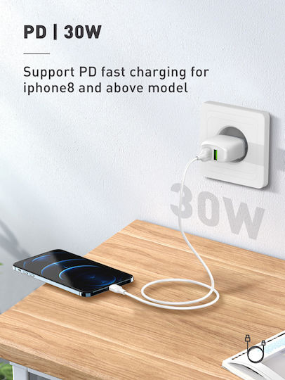 Ldnio USB-C към Lightning кабел 30W Бял 1m