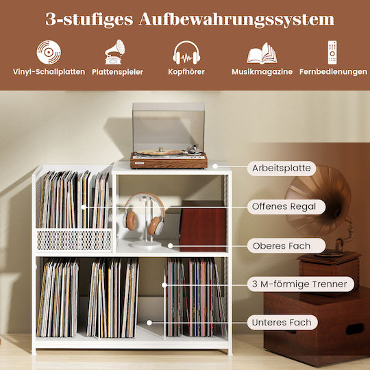Costway White Turntable Stand 3 Levels Capacity Up to 300 Albums 3 Removable Dividers Jz10289wh