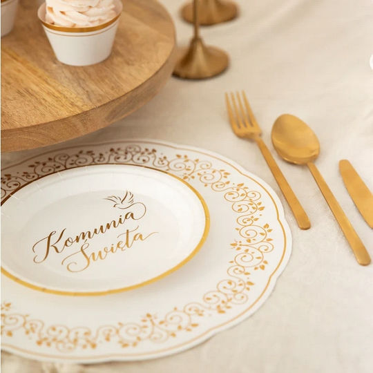 White Paper Plates Gold Edge Holy Communion Dove 18cm 6pcs