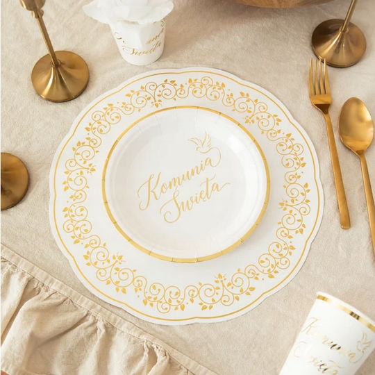 White Paper Plates Gold Edge Holy Communion Dove 18cm 6pcs