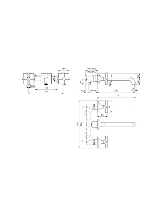 Ideal Standard Set Mischer & Auslauf für Wandmontage für für Waschbecken Gray