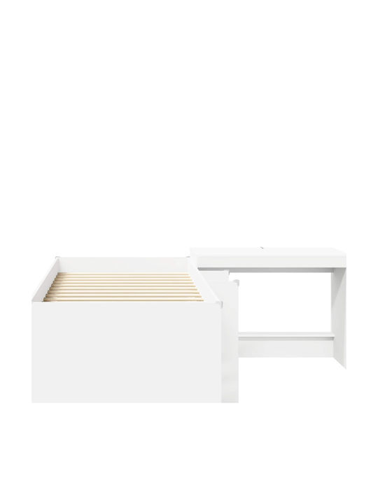Pat Single pentru Copii cu Birou Alb pentru Saltea 90x190cm