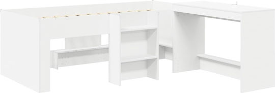 Pat Single pentru Copii cu Birou Alb pentru Saltea 80x200cm