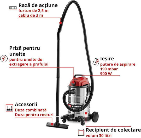 Einhell Aspirator Lichide / Solide 900W cu Inoxidabil Recipient 30lt