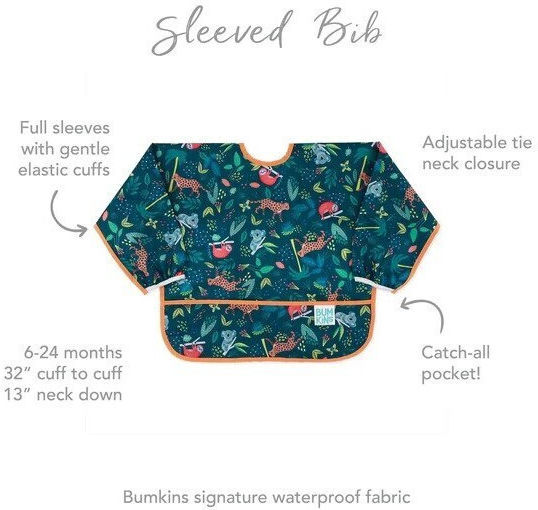 Bumkins Αδιάβροχη Ποδιά Πλαστική με Κορδόνι Sleeved Bib με Τσέπη & Μανίκια Jungle για 6 m+