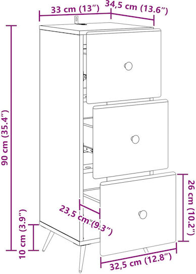 Sertar De Depozitare Din Lemn Cu 3 Sertare L33xL34.5xÎ90cm